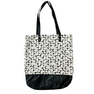 Nienkamper women's cream and black geoprint fabric and leather tote shoulder bag